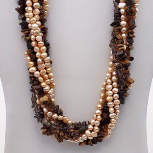 Vintage Tiger Eye, Pearl and Gem Necklace by Ross Simons